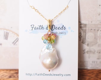 Baroque Pearl x Gem Cluster Pendant // Flameball Pearl // Long Statement Necklace // Rainbow Gems // 14K Gold-filled