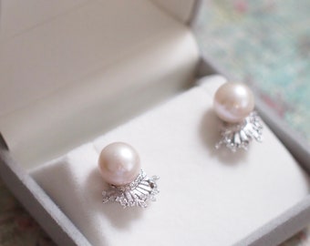 Fresh Water Pearls Studs // 10mm // Detachable Frames // 18K White Gold Plated over Sterling Silver