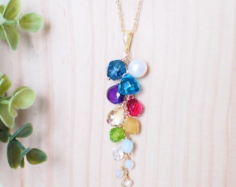 Assorted Stones Long Dangling Pendant // Statement Necklace // Colourful & Chic // 14K Gold-filled