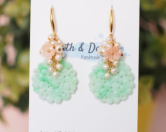 Type A Carved Jadeite Statement Earrings // Pearl Cluster // 14K Gold-filled // Feminine & Elegant