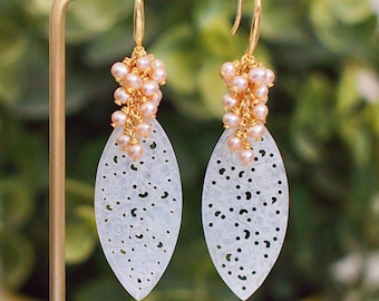 Type A White Carved Jadeite Statement Earrings // Peach Pearl Cluster // 14K Gold-filled // Graceful & Regal