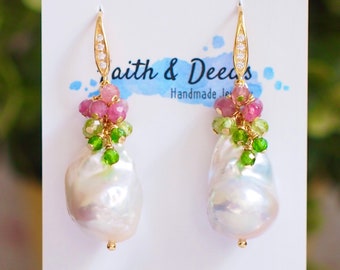 Baroque Pearl Earrings // Statement Earrings // Gems Cluster // Pink Tourmaline x Apatite x Peridot // 14K Gold-filled