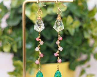 Green Amethyst x Green Quartz Earrings // Dangling Style // 14K Gold-filled // Wire-wrapped // Assorted Gems // Refreshing & Feminine