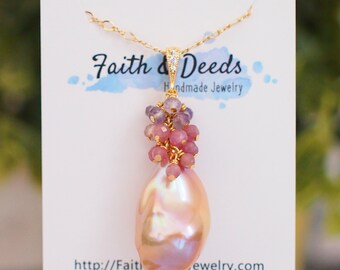 Rainbow Baroque Pearl Pendant // Flameball Pearl // Statement Necklace // Tourmaline x Strawberry Quartz x Amethyst // 14K Gold-filled