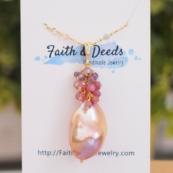 Pendentif perle baroque arc-en-ciel // Flameball Pearl // Collier de déclaration // Tourmaline x Strawberry Quartz x Améthyste // 14K Gold-filled