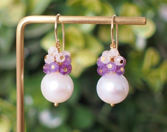 Fresh Water Pearl Earrings // Gem Cluster // Amethyst x Moonstones // 14K Gold-filled // Sweet & Dreamy