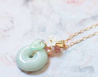 Type A Burmese Jade Donut Pendant // Long Statement Necklace // Lovely & Gorgeous // 14K Gold-filled