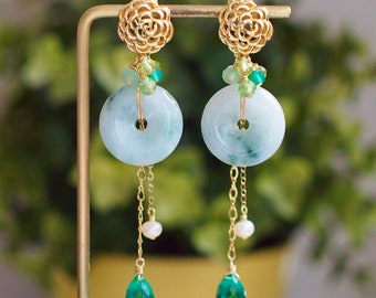 Type A Burmese Jade Donut Earrings // Gem Cluster // 14K Gold-filled // Detachable Dangles