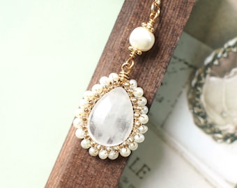 White Quartz x Pearls Pendant // Long Necklace // Vintage Inspired // Wire-wrapped // 14K Gold-filled