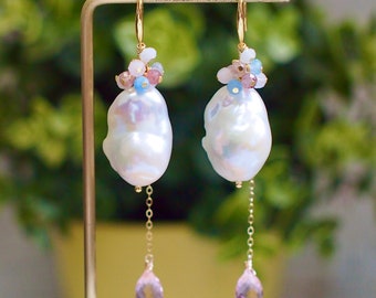 Baroque Pearl Earrings // Statement Earrings // Gems Cluster // Rose Quartz x Strawberry Quartz x Aquamarine // 14K Gold-filled