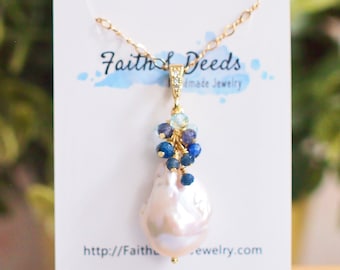 Baroque Pearl x Gem Cluster Pendant // Flameball Pearl // Long Statement Necklace // 14K Gold-filled