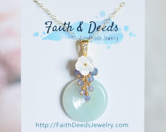 Type A Burmese Jade Donut Pendant // Tanzanite Cluster // 14K Gold-filled