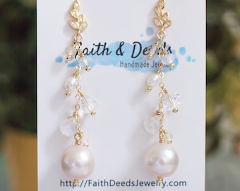 Fresh Water Pearl Earrings // Long Dangling Style // Sparkly & Graceful // 14K Gold-filled