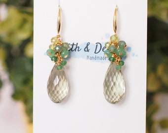 Green Amethyst Earrings // Gem Cluster // Chalcedony x Apatite x Peridot // 14K Gold-filled // Elegant and Unique