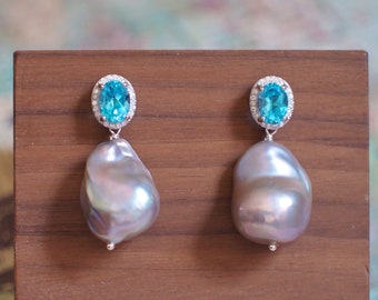 Blue Topaz x Gray Baroque Pearl Earrings // Halo Setting // Cubic Zirconia // 18K White Gold Plated Over Silver