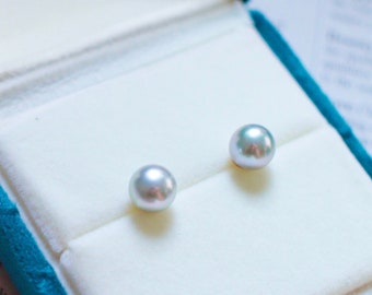 Pre-order: Akoya Silverish Gray Saltwater Pearls Ear Studs // 8mm // 18K Solid Yellow Gold