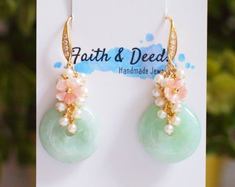 Type A Burmese Jade Donut Earrings // Pearl Cluster // Mother of Pearl Flower // 14K Gold-filled // Romantic & Elegant