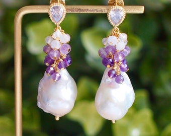 Baroque Pearl Earrings // Flameball Pearls // Amethyst x Moonstones // 14K Gold-filled // Elegant & Sexy