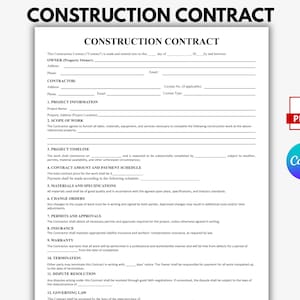 Könnte beinhalten: Ein schwarz-weiß gedrucktes Bauvertragsdokument mit Abschnitten für Eigentümer- und Auftragnehmerdaten, Projektinformationen, Arbeitsumfang, Zeitplan, Zahlungsplan, Materialien, Änderungsaufträge, Genehmigungen, Versicherungen und Gewährleistung.