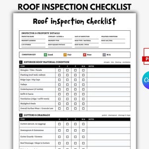 Plantilla de lista de verificación para inspección de techos / Informe de inspección de techos / Formulario de evaluación de techos editable en Canva / Lista de verificación imprimible para contratistas de techos