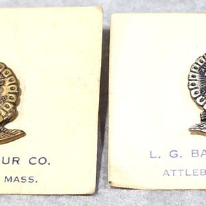 May include: Two circular metal pins featuring an eagle and the text FFA, mounted on square off-white cards. Each card is printed with L. G. BALFOUR CO. and ATTLEBORO, MASS. One pin is gold-toned, and the other is silver-toned, both with a gear-like border.