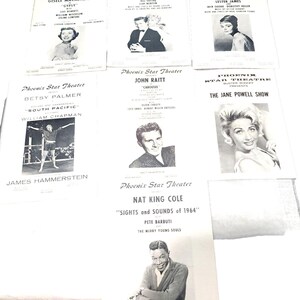 May include: A collection of seven black and white Phoenix Star Theater playbills featuring performers such as Gisele Mackenzie, Gordon and Sheila MacRae, Anna Maria Alberghetti, Betsy Palmer, John Raitt, Jane Powell, and Nat King Cole with show titles.