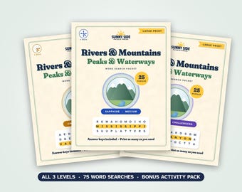 May include: Three cream-colored word search packets titled Rivers & Mountains Peaks & Waterways by Sunny Side Puzzle Press. Each cover features a mountain graphic, 25 puzzles, and a sample word grid. Text includes All 3 Levels, 75 Word Searches, Bonus Activity Pack.