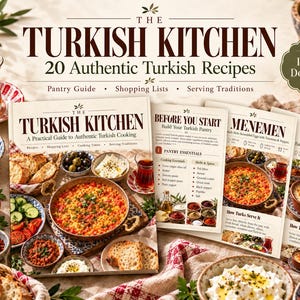 Op de afbeelding: Een digitaal kookboek getiteld The Turkish Kitchen met 20 authentieke Turkse recepten, een voorraadgids, boodschappenlijstjes en serveertradities. De omslag toont een kleurrijke selectie van Turkse gerechten.