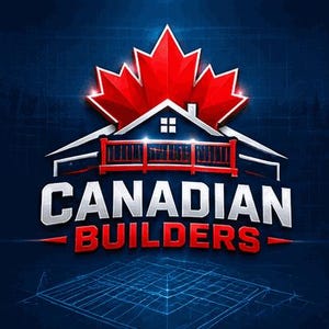 Könnte beinhalten: Ein grafisches Logo mit einem stilisierten roten Ahornblatt über einer dunkelblauen Haussilhouette mit rotem Terrassengeländer. Der Text CANADIAN BUILDERS ist in fetten weißen und roten Buchstaben vor einem dunkelblauen Rasterhintergrund.