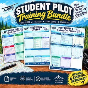 May include: A student pilot training bundle featuring three printed documents: a quick reference guide, flight lesson notes, and a budget and training cost planner. The pages include checklists, trackers, and study guides with blue and white mountain graphics.
