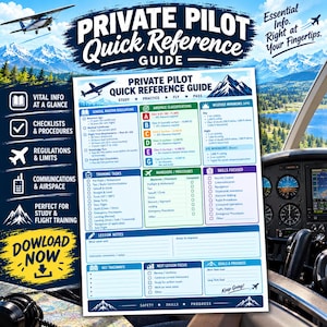 May include: A Private Pilot Quick Reference Guide featuring sections for general aviation regulations, airspace classifications, weather minimums, training tasks, maneuvers, and lesson notes. The document includes checklists and flight data.