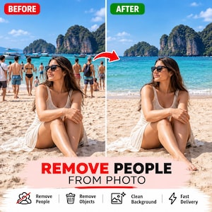 May include: A split-screen comparison showing a beach scene before and after editing. The left side features a person in a white dress and sunglasses on a crowded beach. The right side shows the same person with the background cleared of people.