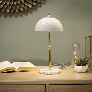 Polished Brass Table Lamp: White Marble Base, Modern Desk Light