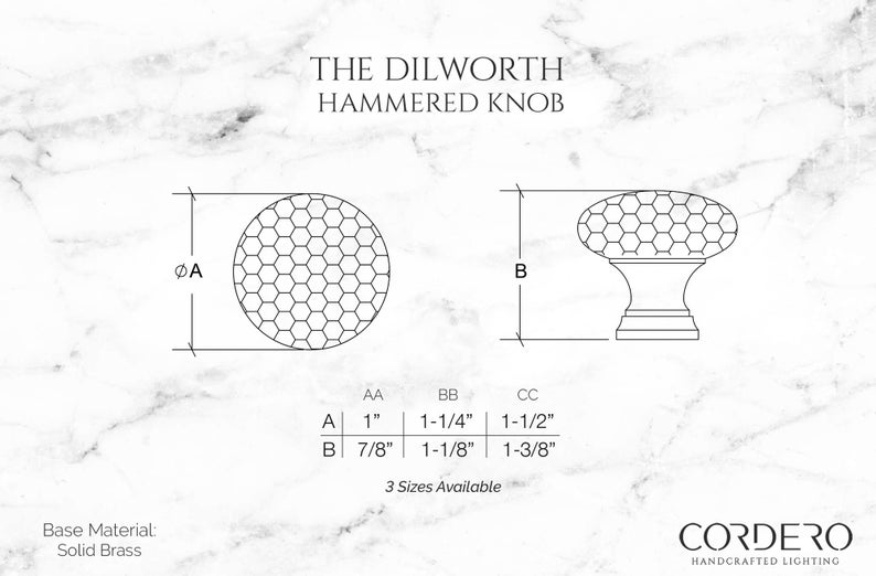 May include: Diagram of The Dilworth Hammered Knob, a solid brass cabinet hardware. The image shows a top-down view and a side view with dimensions. The knob is available in three sizes: 1", 1-1/4", and 1-1/2" in diameter.