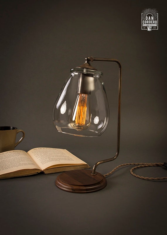 Aged Brass Edison Bulb Table Lamp Glass Shade Desk Light Bed Night Stand