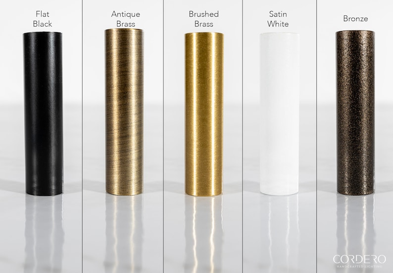 May include: Five metal samples in different finishes: flat black, antique brass, brushed brass, satin white, and bronze.