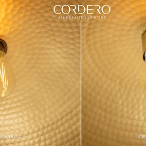 May include: Two images showing the same gold-toned ceiling light fixture with a light bulb. The first image shows the light socket on the outside of the fixture. The second image shows the light socket on the inside of the fixture. The text "CORDERO HANDCRAFTED LIGHTING" is visible at the top of the image.