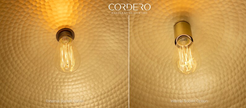 May include: Two images showing the same gold-toned ceiling light fixture with a light bulb. The first image shows the light socket on the outside of the fixture. The second image shows the light socket on the inside of the fixture. The text "CORDERO HANDCRAFTED LIGHTING" is visible at the top of the image.