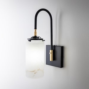 May include: A black wall-mounted light fixture with a curved arm and a frosted glass shade. The shade has a white and gold marbled pattern. The fixture has a brass accent on the arm.