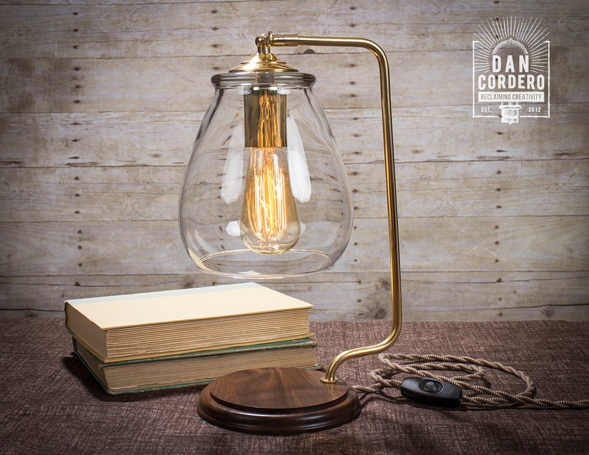 Glass Shade Edison Bulb Table Lamp Brass Etsy
