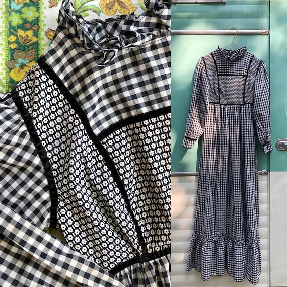 70s Black and White gingham /floral prairie maxi d