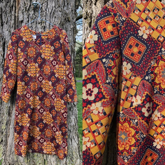 70s psychedelic floral geometric print dress