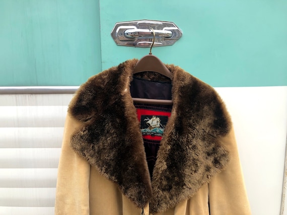 1970s tan corduroy coat with faux fur oversized co