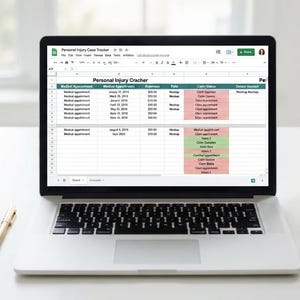 May include: A silver laptop displaying a Google Sheets spreadsheet titled Personal Injury Case Tracker with columns for medical appointments, dates, expenses, and claim status, featuring rows highlighted in red and green colour codes.