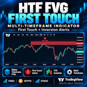 Könnte beinhalten: Eine digitale Grafik für einen TradingView-Indikator mit dem Titel HTF FVG FIRST TOUCH MULTI-TIMEFRAME INDICATOR. Sie zeigt ein Candlestick-Chart mit einem rot markierten Bereich, einem roten Abwärtspfeil sowie Symbolen für Alarme und Einstellungen.