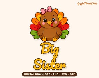 Diseño de camiseta para hermanos de Acción de Gracias con temática de pavo y hermana mayor (descarga digital)