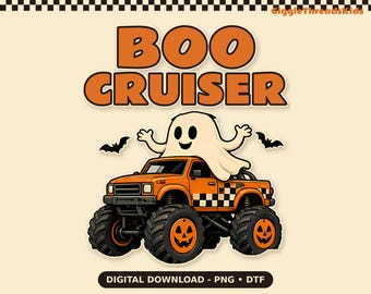 Diseño de camiseta Boo Cruiser Ghost Monster Truck, estilo retro de Halloween para niños (descarga digital PNG)