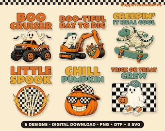 Paquete de imágenes PNG de Halloween para niños con estilo retro, 6 diseños de camisetas infantiles, listos para sublimación (descarga digital).
