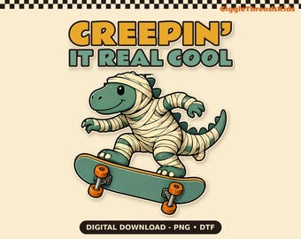 Diseño de camiseta retro de Halloween con estampado de momia, dinosaurio y monopatín (descarga digital)