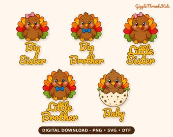 Paquete de archivos SVG para hermanos de Acción de Gracias, archivos de corte de la familia de pavos (descarga digital)